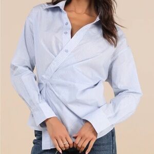 Flykra Light Blue Striped Asymmetrical

Button-Up Wrap Top